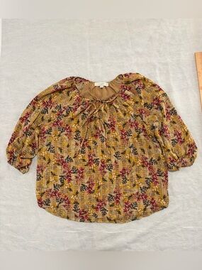 LOFT Mustard Floral Tie-Neck Blouse with Pink & Black Accents